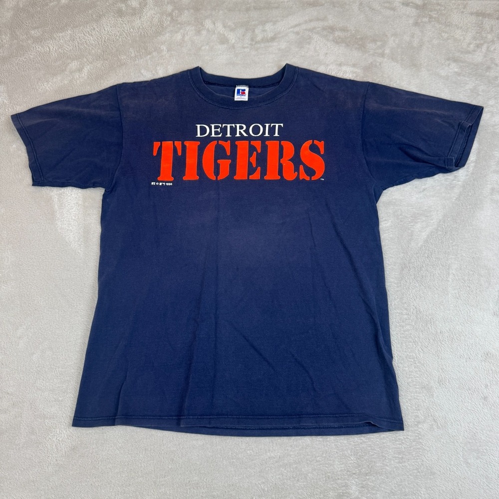 Vintage Russell Athletic Detroit Tigers Shirt Mens L Blue Preowned‎ Faded Flaws